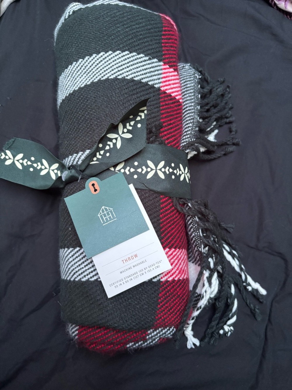 Hearth and Hand Plaid Fringe Throw Blanket - Black, White & Red NWT